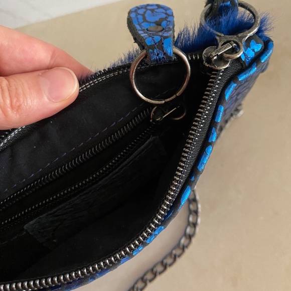 ETUI London Blue Leather Party Fur Foiled Print Clutch/Crossbody Shoulder Purse - Picture 2 of 6